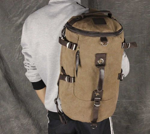 Men's Vintage Canvas Leather Hiking Travel Cylinder Messenger Tote Bag Backpack