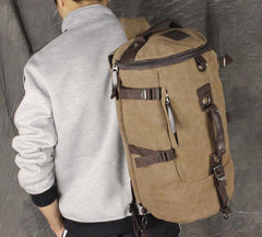 Men's Vintage Canvas Leather Hiking Travel Cylinder Messenger Tote Bag Backpack